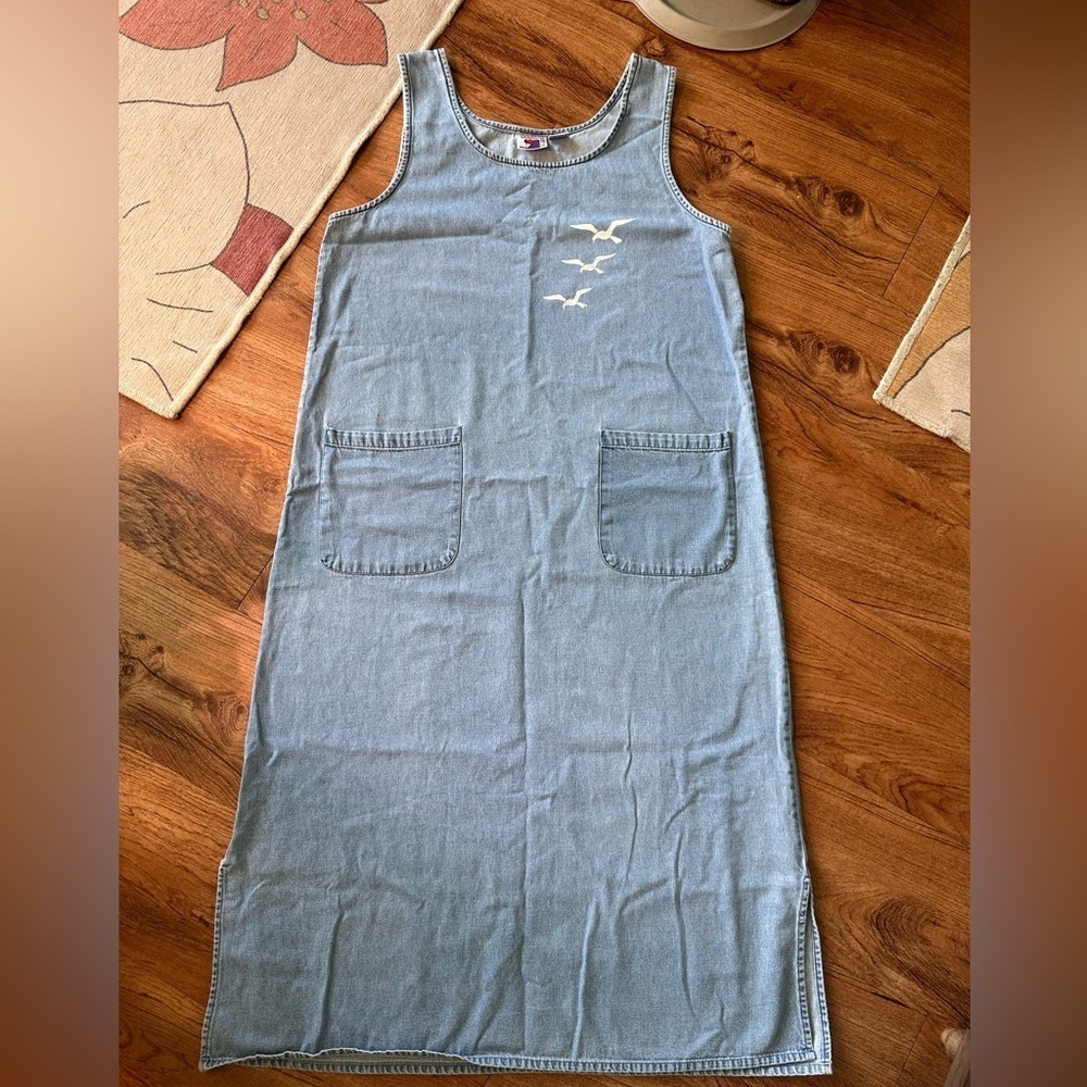 Vintage Light Blue Denim Color Tank Midi Seagull Tank Dress w/ Pockets. Medium - Picture 2 of 8